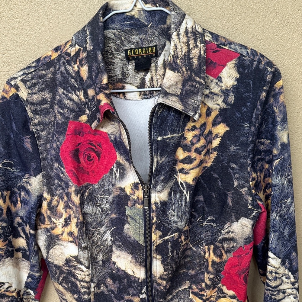 Casual Corner Women's Red and Black Patterned Jean Jacket